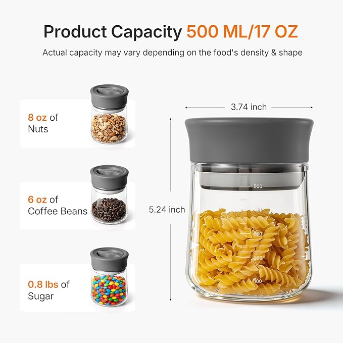 Airtight Coffee Bean Storage Container with Silicone Ring, Twist Seal Glass Storage Jars with lids, 500ml/17oz Wide Mouth Food Jars & Canisters for Coffee Grounds, Creamer, Candy, Flour Sugar