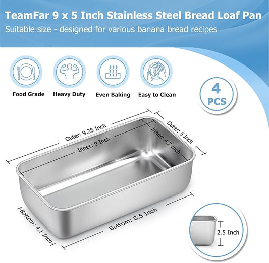 TeamFar Loaf Pan, 9ยผ" ร 5" Bread Loaf Pans Meatloaf Pan Stainless Steel for Baking Bread Cake Lasagna, Healthy & Durable, Oven & Dishwasher Safe - Set of 4
