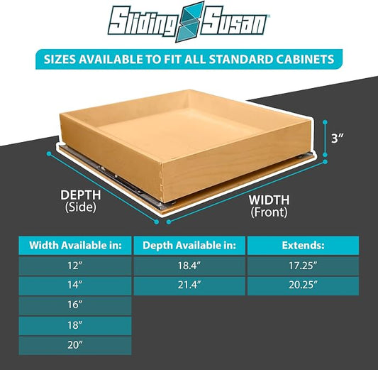 SlidingSusan Hard Maple Pull Out Cabinet Drawer Organizer 14 Inch Wide x 21 Inch Deep Soft Close Sliding Shelf for Kitchen Cabinets, Pantry & Storage Areas, Heavy Duty Wooden Pullout Inserts