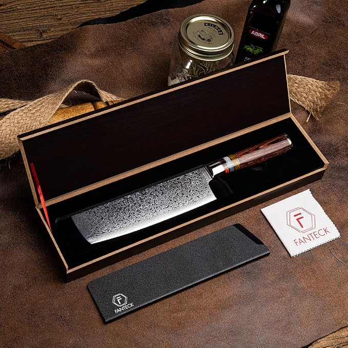 FANTECK 7" Nakiri Knife,Vegetable Meat Cutting Knife,Pro Kitchen Knife Damascus VG10 67-layer Stainless Steel Extra Sharp Chef Nakiri Knives -Ergonomic Pakka Wood Handle(Gift Box& Plastic sheath)