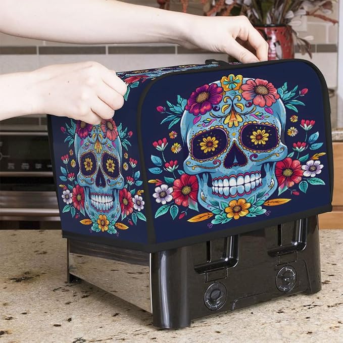 Flower Blue Skull Toaster Cover 4 Slice Wide Slot Washable Kitchen Appliance Covers Fingerprint Bread Machine Dust Cover Small Toaster Oven Accessories Covers Bread Maker Bag Women Gift
