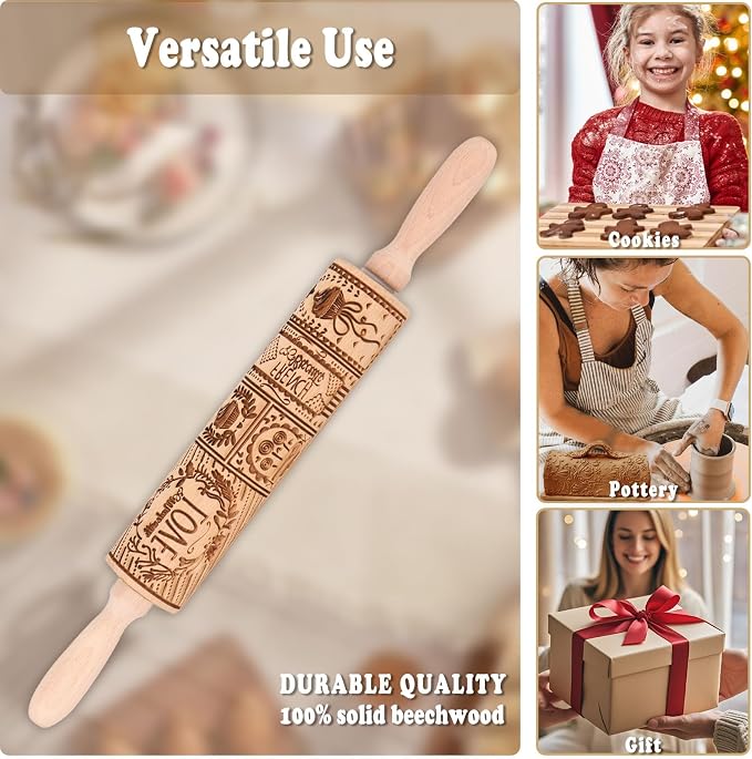 Valentine Embossed Rolling Pins for Cookies, Wooden Engraved Rolling Pin for Baking, Embossing Rolling Pin with Design Patterned Rolling Pin Decorative Springerle Cookie Mold Stamp Clay Pattern Roller