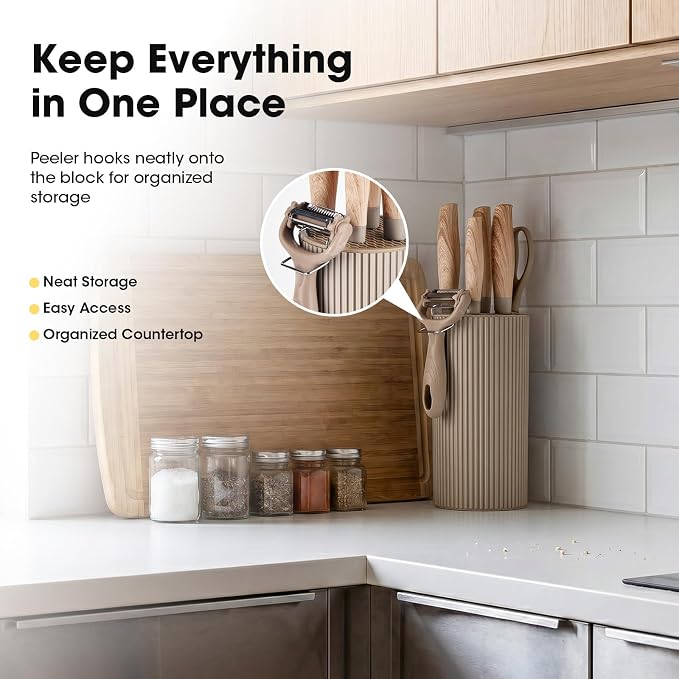 Knife Set, Kitchen Knife Set with Block, 7 Pcs Kitchen Knife Set with 3-in-1 Peeler, Knife Block Set Compact Stainless Steel Knives with Wood Grain Finish Handles, Space Saving Kitchen Essentials