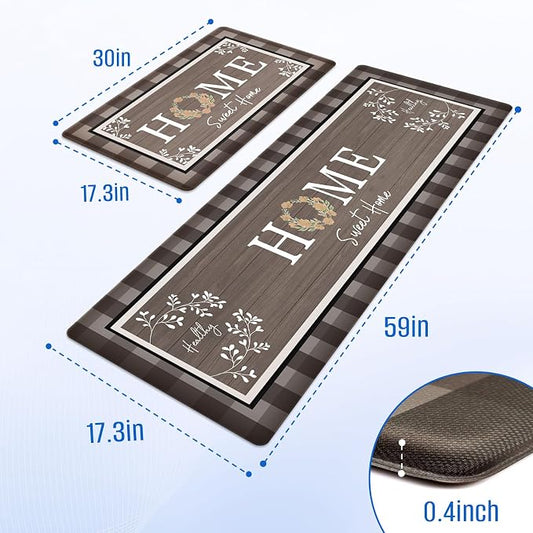 Kitchen Rugs, 2 PCS Kitchen Mats for Floor, Cushioned Non-Slip Anti Fatigue Mats for Kitchen Floor, Kitchen Runner Rugs for Standing Desk, Office, Laundry(17.3’’x 30’’+ 17.3’’x 59’’, Brown
