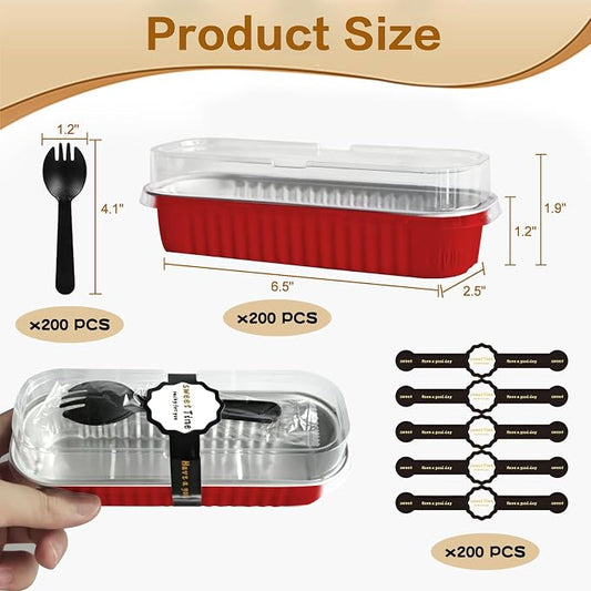 Mini Cake Pans with Lids and Spoons 200 Pack, Mini Loaf Pans with lids 6.8oz, Small Disposable Aluminum Foil Loaf Pans, Rectangular Baking Container for Party, Picnics and Housewarming (Red)