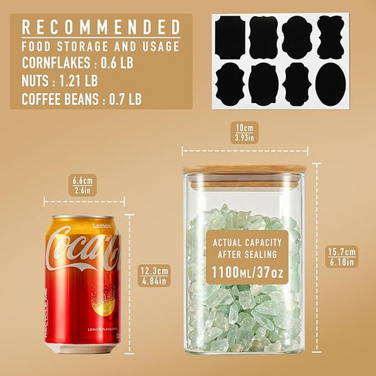 D2scrma 37oz Airtight Glass Square Storage Canisters with Bamboo Lid Set of 6 (1100ml) Stackable Containers, Kitchen Jars for Pantry Noodles, Flour and Coffee beans (with Black Lable)