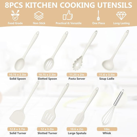 TeamFar Silicone Cooking Utensils Set, 8 PCS Kitchen Utensils Set, 446°F Heat Resistant, Turner, Spatula, Spoon, Whisk, Kitchen Cooking Gadgets Tools for Nonstick Cookware, Dishwasher Safe-White