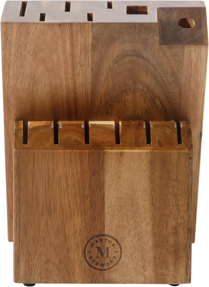 Martha Stewart Greeley Forged High Carbon Stainless Steel 14 Piece Knife Block Set, Linen White Kitchen Knife Set with Acacia Wood Block, Chef Knife, Bread Knife, Steak Knives