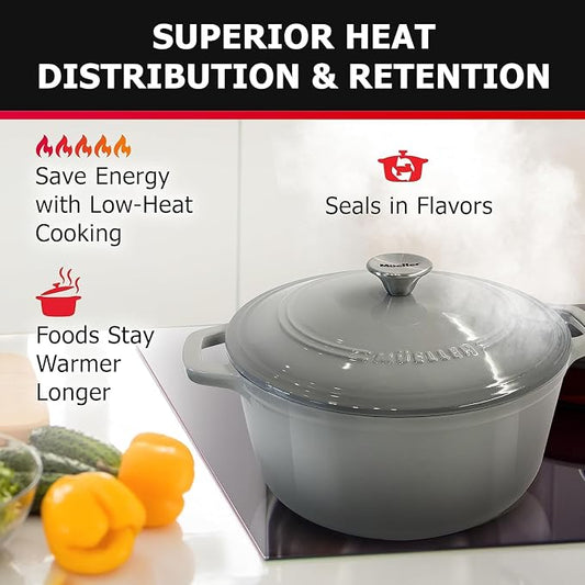 MUELLER HOME 7.5 QT Enameled Cast Iron Dutch Oven, Heavy-Duty, Oven-Safe up to 500° F & Across All Cooktops, Casserole Dish and Braiser Pan with Lid and Stainless Knob, Grey