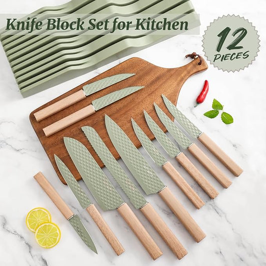 12-Piece Modern Green Knife Block Set with Drawer Organizer, Stainless Steel Knife Set, 6 Steak Knives, Non-Stick Coated Blades