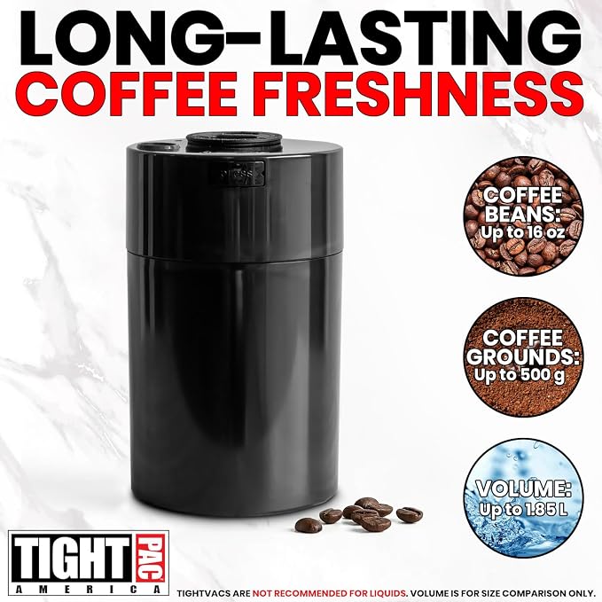 COFFEEVAC Pump It Out Airtight Coffee Container - Vacuum Coffee Storage Container for Ground Coffee Beans - Patented Vacuum Seal with Degassing Valve, 1 lb, Black