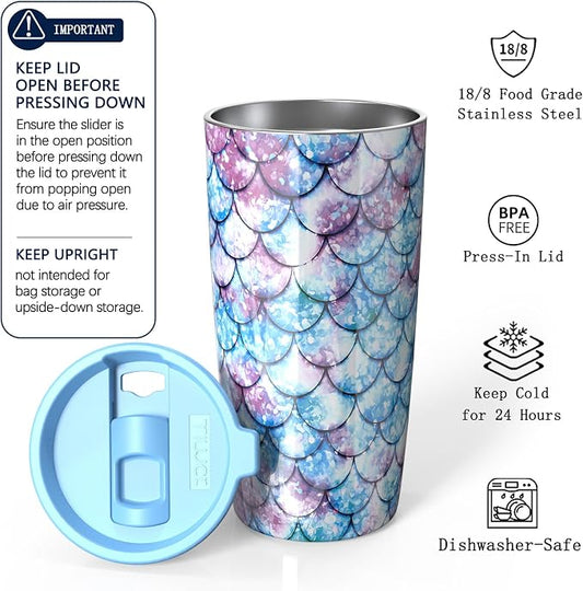 TILUCK 20 oz Insulated Tumbler with BPA-Free Lid, Stainless Steel Vacuum Travel Coffee Mug, Double Wall Coffee Tumbler(20oz,FishScales)