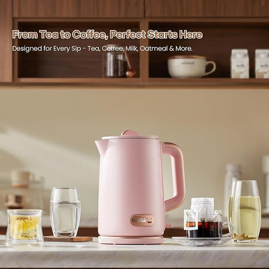 OLEGA Electric Kettle: 1200W Fast Boil Electric Water Kettles, 1.5L Double Wall Stainless Steel Tea Kettle, Auto Shut-Off, BPA-Free Hot Water Boiler Teapot for Coffee & Tea -Light Pink