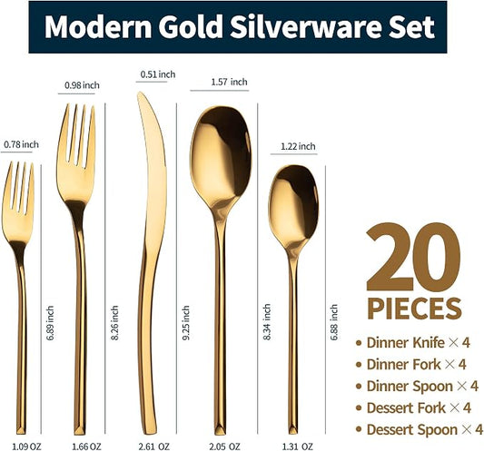 Lemeya 20-Piece Gold Silverware Set for 4,Modern 18/10 Stainless Steel Flatware Set,Luxury Cutlery Set,Unique Utensils Set for Restaurant,Spoons and Forks Set,Mirror Polished,Dishwasher Safe