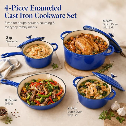 7-Piece Enameled Cast Iron Cookware Set: Dutch Ovens, Skillet & Sauce Pan with Non-Stick Ceramic Coating - Oven Safe to 550°F, PFOA-Free (Cobalt Blue)