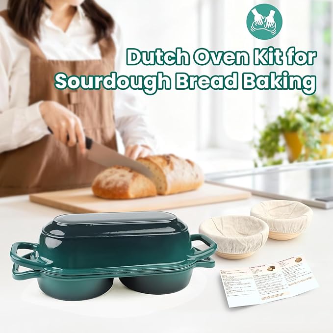 YONILL Mini Double Dutch Oven for Sourdough Bread Baking - Enameled Cast Iron Dutch Oven Pot with Lid and 5" Banneton Bread Proofing Basket Kit, Dual Round Bread Loaf Pan for Homemade Baking