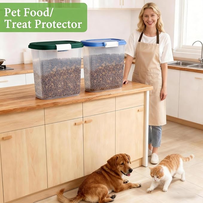 Dark Green Airtight Dog Cat Food Storage Container 10 Lbs - Slim Tall Pet Food Treat Container with Lid, Scoop and Cup - Clear Plastic Dry Food Storage Bin for Dogs, Cats, Bird Seeds, Kibble, Pellets