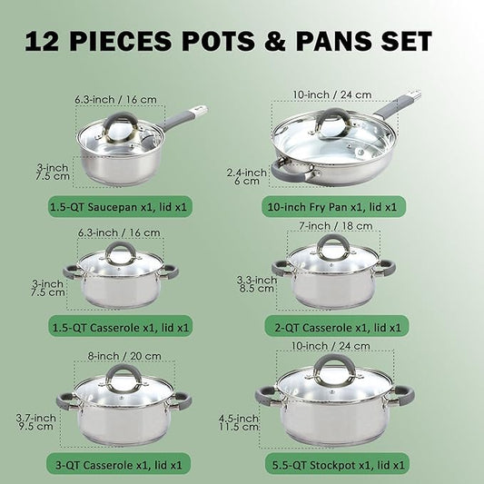 Cook N Home Basics Stainless Steel Cookware Sets, Pots and Pans Set with Stay-Cool Handle, Induction Compatible, Dishwasher and Oven Safe, 12-Piece