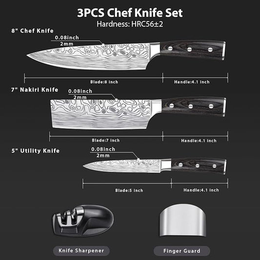 Professional Chef Knife Set,3pcs Kitchen Knife Set, High Carbon Stainless Steel Knives Set with Finger Protection, Knife Sharpener,Meat Cleaver and Vegetable
