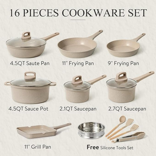 CAROTE Pots and Pans Set Non Stick, 16Pcs Kitchen Cookware Set, Stackable Induction Cookware, Pot and Pan set, Pans for Cooking, Taupe Granite,Pots and Pans Set Non Stick,