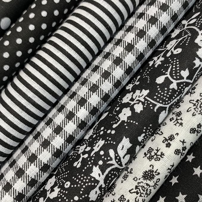 7PCS Different Patterns Printed Cotton Fabric Squares 50 cm x 50 cm Handmade Craft Cloths Bundle for Sewing Patchwork, Quilting, DIY Scrapbooking Tissue (Black)