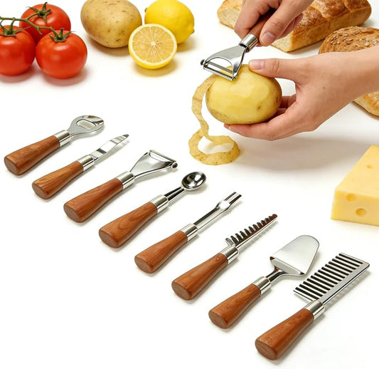 HIFIND 8PCS Stainless Steel Kitchen Gadget Set with Wood Grain Handles - Round Bottle Opener, Straight/Y Peelers, Fruit Scoop, Fruit Corer, Fruit Corer, Fruit Scaler, Cheese Spatula, Dough Cutter