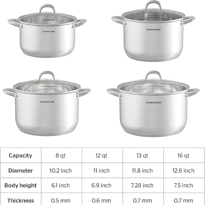 Sunhouse Stock Pot with Lid - 12 QT Large Pot for Cooking Pasta, Soup, Spaghetti - Impact Bonding Base Big Stainless Steel Pots for Canning, Boiling - Oven Safe & Induction Compatible Cookware