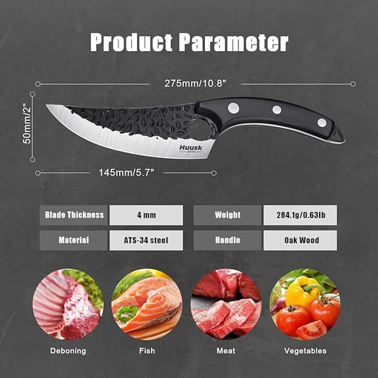 Huusk Knives from Japan - Viking Boning Knife for Meat Cutting with Sheath - Caveman Ultimo Knife for Kitchen or Camping - Hand Forged Full Tang Knives - Christmas Gift for Men and Women