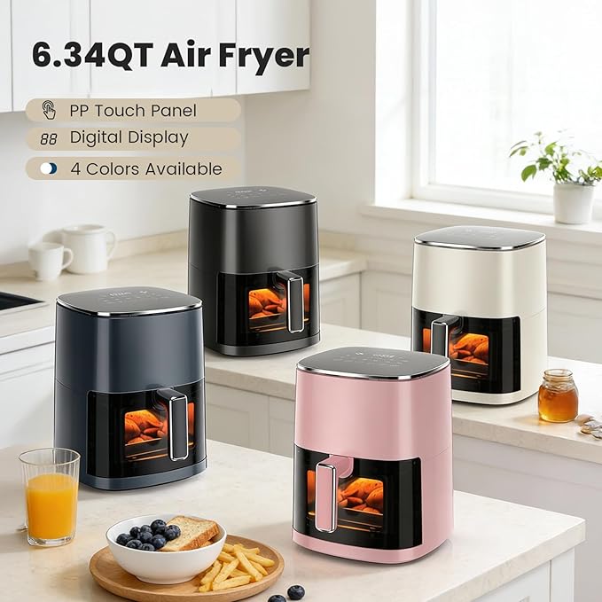 Sweetcrispy 6QT Air Fryer with Window, Square Airfryer Oven 12-in-1 for Family, 400°F Rapid Air Crispy Technology, Roast Bake Dehydrate, Nonstick & Easy-Clean Basket, Pink