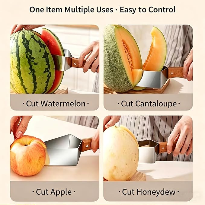 2PCS Stainless Steel Watermelon Cutter, Triangle Fruit Slicer with Wooden Handle, Melon Divider Tool for Watermelon, Cantaloupe and Honeydew, Kitchen Gadget for Picnic and BBQ
