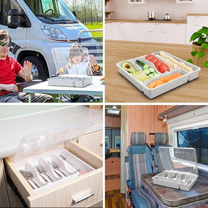 Silverware Organizer with Cover, Portable Cutlery Holder Flatware Tray with Lid Plastic Silverware Storage Box (White)