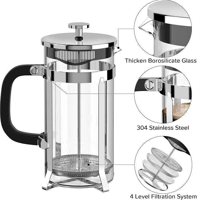 QUQIYSO French Press Coffee Maker 304 Stainless Steel French Press with 4 Filter, Heat Resistant Durable, Easy to Clean, Borosilicate Glass Coffee Press, 100% BPA Free Glass Teapot, 21 ounce, Silver