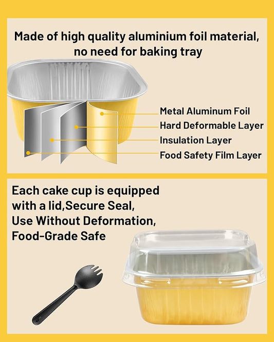 50 Pack 10oz Square Mini Cake Pans with Lids and Spoons,Aluminum Foil Baking Cups,Disposable Mini Loaf Pans Ramekins for Brownie, Cheesecake, Mousse & Wedding Party Favors-Gold