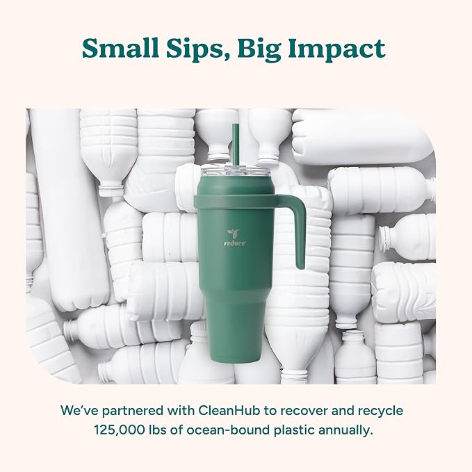 REDUCE 50 oz Stainless Steel Tumbler with Handle - Dual-Wall Vacuum Insulated Travel Mug, Sweat-Proof Lid & Reusable Straw - Keeps Drinks Cold for 24 Hrs, Fits Cupholders, Dishwasher Safe - Black
