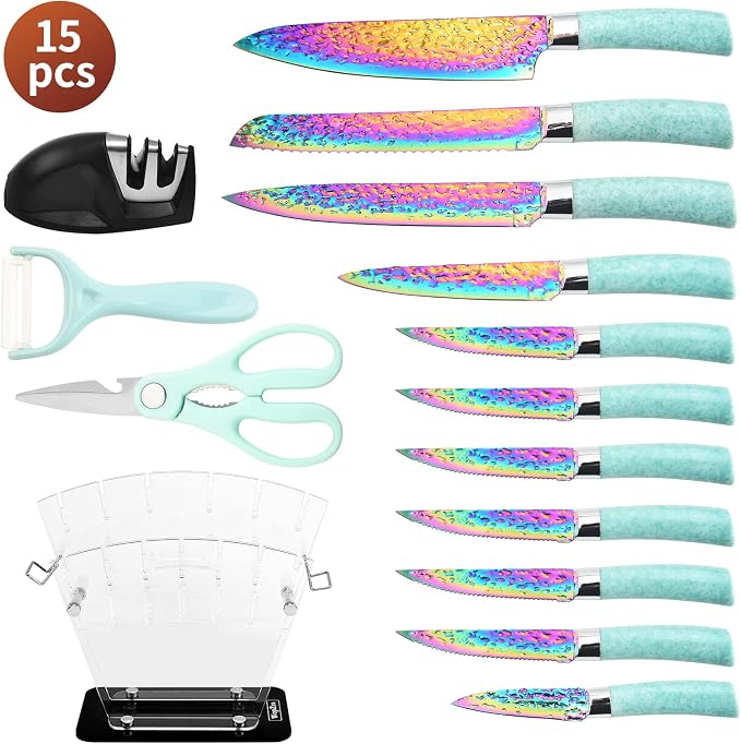 Rainbow Knife Set, Kitchen Knives Set with Acrylic Block, Thick Blade Cutlery Knife Block Set, Chef Sharp Quality for Home & Pro Use, Best Gift (Teal Handle)