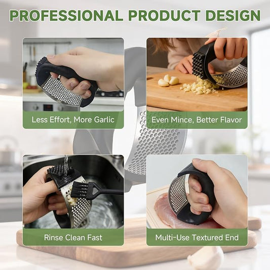 Garlic Press Rocker 304 Stainless Steel Garlic Mincer Crusher Easy to Clean Dishwasher Safe Textured End for Light Tenderizing, with Silicone Peeler and Cleaning Brush (Green)