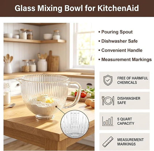 Glass Mixing Bowl for KitchenAid Tilt-Head Stand Mixers, 5Qt Replacement Bowl with Measurement Markings & Pour Spout for 4.5-5 Quart KitchenAid Mixers, Perfect for Mixing Dough, Egg by InnoMoon