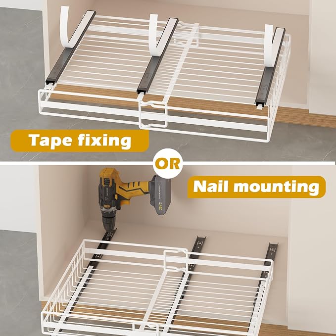 REALINN 2 Pack Pull Out Cabinet Organizer, Expandable(12"-20") Slide Out Drawers 3 Slide Rails Fix with Adhesive or Screw, Roll Out Shelves for Kitchen Cabinet Organization, White