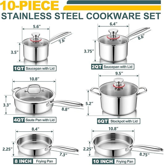 P&P CHEF 3-Ply Stainless Steel Cookware Set of 6, 10-Pieces Pots and Pans Sets Stainless Steel for Kitchen, Induction Multi Cooktops & Oven, Dishwasher Safe, Frying Pans, Saucepans, Saute Pan & Pot