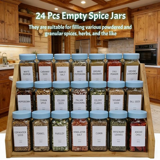 Spice Jars with Labels - 24 Glass Spice with Shaker Lids & Airtight Plastic Caps - 4oz Complete Seasoning Containers Organizer Set for Cabinet, Drawer & Rack (Skyblue)