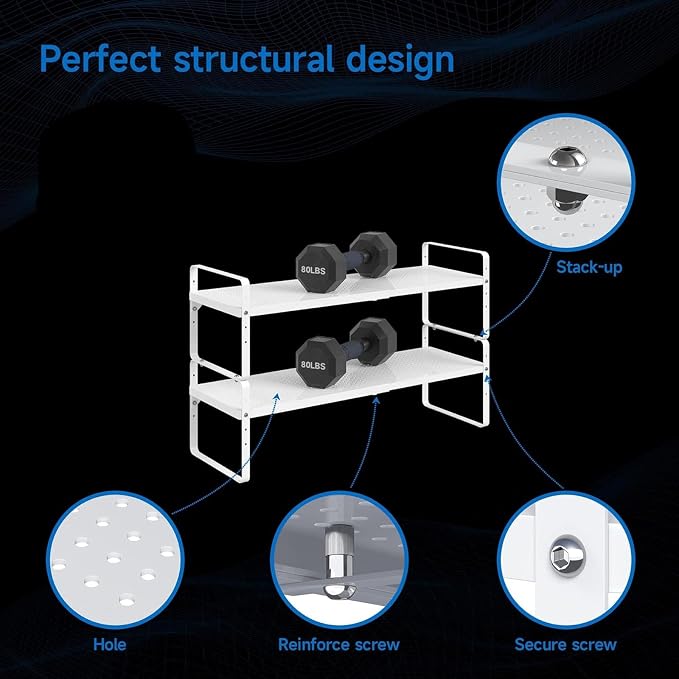 Expandable Cabinet Shelf Organizer Adjustable Metal Spice Rack Stackable Freestanding Counter Storage Shelves for Kitchen Cabinet Under Sink Office Desk (White - 3Pack - L16.5-27'' * W8'' * H9.6'')