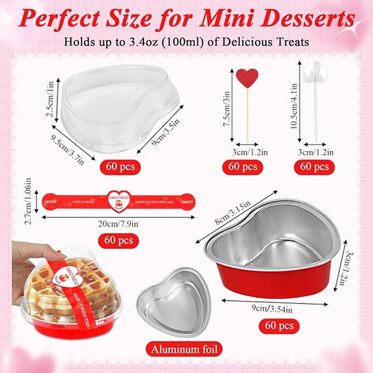 YQER 60 Pack Heart Shaped Cake Pans – 3.4oz Mini Aluminum Foil heart shape Cupcake pan with Lids, Spoons & Heart Stickers – Disposable Mothers Day Baking Tins Supplies for Gifts, Red