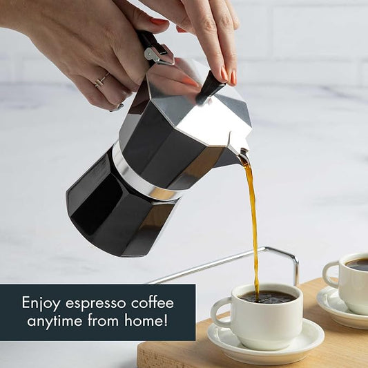 Primula Classic Moka Pot Stovetop Espresso and Coffee Maker, Italian and Cuban Cafetera for Rich Espresso Brewing, Durable Aluminum Greca Coffee Maker with Easy Grip Handle, 6-Cup, Black