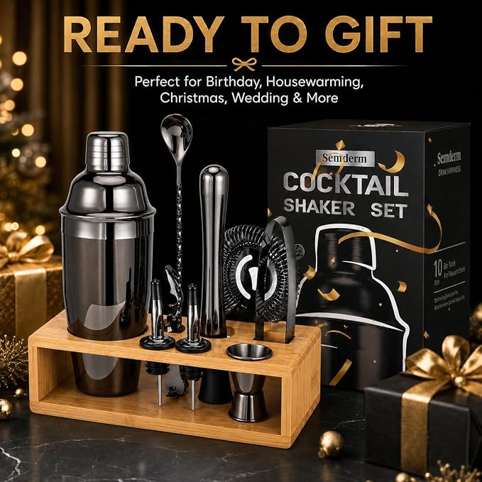 Black Cocktail Shaker Set, Premium 18/8 Stainless Steel Mixology Bartender Kit with Stylish Bamboo Stand 10-Piece Bar Tools & Accessories for Home Bar for Men, Dad, Husband