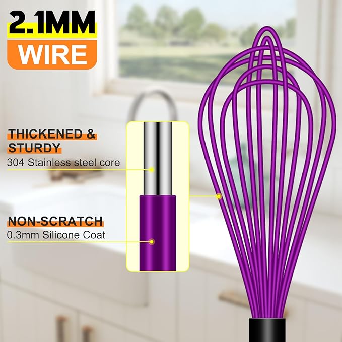 HOTEC 4 Pieces Silicone Whisks Set, Wire Balloon Whisks for cooking Egg Beater, Non-slip Handle Whisk for Non-stick Cookware Perfect for Cooking, Stirring, Beating and Blending,Purple