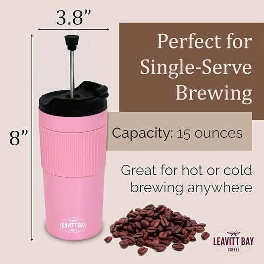 Portable French Press Travel Mug – Insulated Stainless Steel French Press Mug for Hot or Cold Brew – Durable Travel Coffee Maker – On-the-Go Tea & Coffee Maker (Pink)
