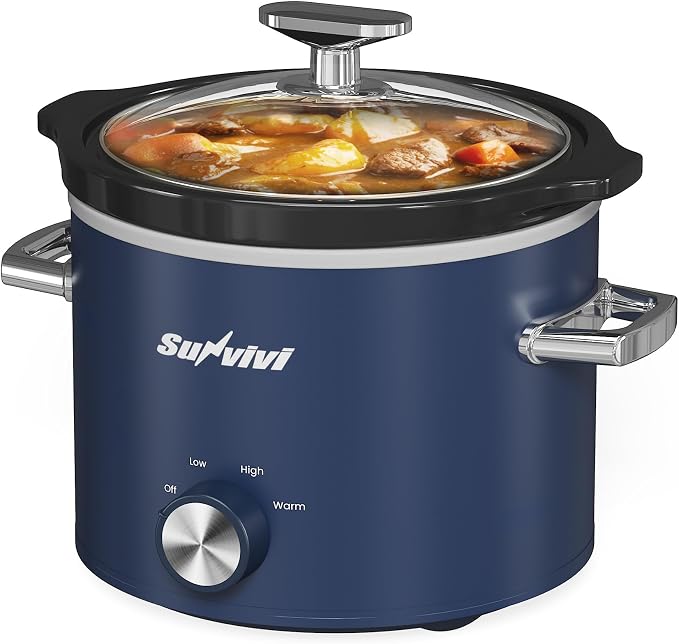 Sunvivipro 2QT Small Slow Cooker with Removable Ceramic Pot, Food Warmer with 3 Heating Settings & Dishwasher Safe Glass Lid, Blue