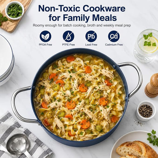 MICHELANGELO 8 Quart Stock Pot with Lid, Ceramic Nonstick Soup Pot for Family Meals, Batch Cooking, Broth, Seafood Boil & Meal Prep, Non Toxic Induction Stockpot with Stainless Steel Handles, Blue
