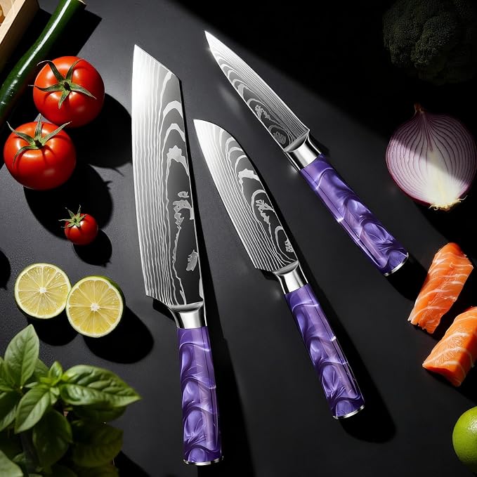 5-Piece Premium Japanese Kitchen Knife Set - Star Collection, Laser Damascus Pattern, 440A Stainless Steel Ultra Sharp for Fast Cutting (Purple 5A)