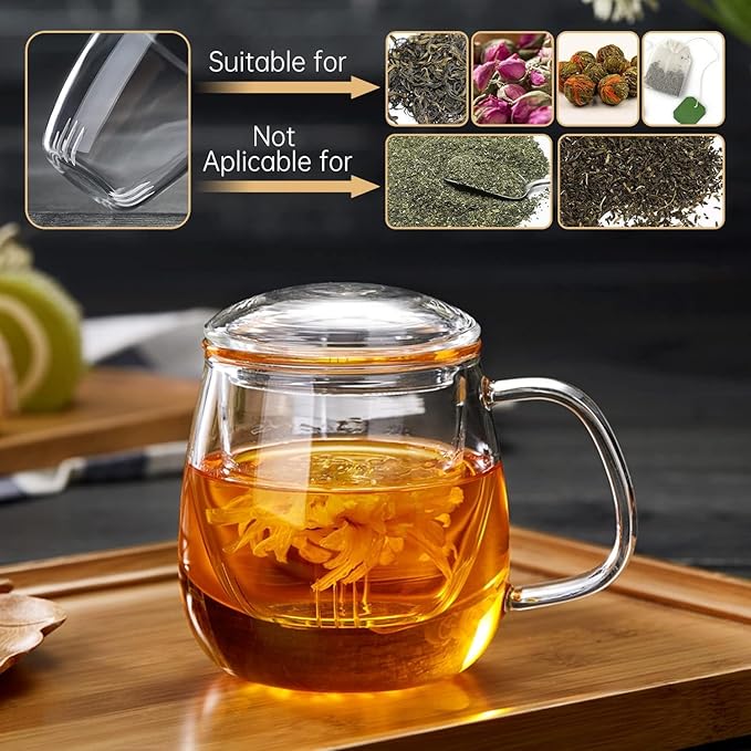 DOPUDO Glass Teacups 24 Pack Glass Tea Cup with Infuser and Lid, 17.6oz/520ml Large Borosilicate Teacup,Tea Clear Mug Cup for Loose Leaf Blooming Tea, Microwave & Dishwasher Safe.